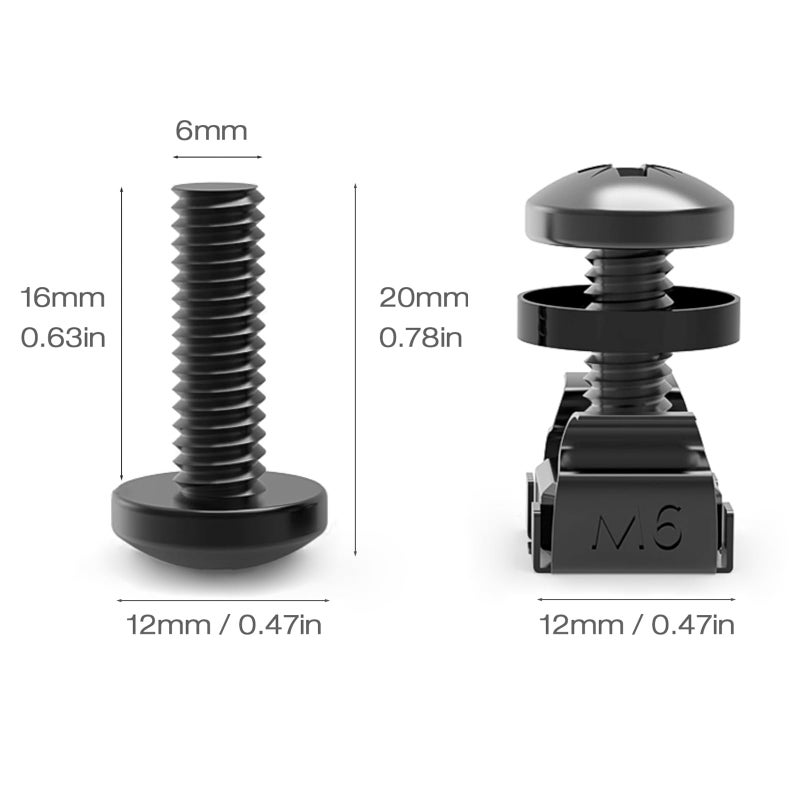 Lancher 60-Pack M6 x 16mm Screws and Cage Nuts for Server Rack Screws for Rack Shelf Cabinets Rack Mount 1U 2U 6U 12U M6 Rack Screw cage nut - Black - Image 2